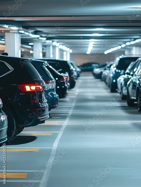 Fototapeta Cars parked in an underground parking lot with geometric lines and modern lighting design