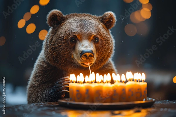 Fototapeta Bear is sitting in front of a lit birthday cake. The bear is licking its lips and he is enjoying the cake