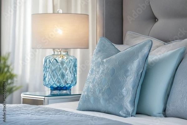 Fototapeta Contemporary bedroom design with icy blue tones and modern furnishings, creating a serene and stylish atmosphere for relaxation and comfort