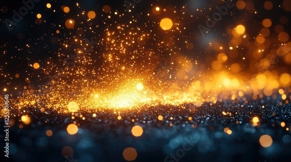 Fototapeta Glittering particles explode, dark background, bokeh, celebratory event