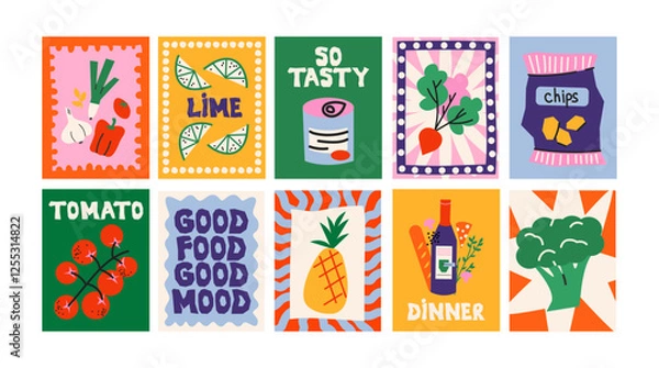 Fototapeta Abstract food posters for the kitchen. Culinary compositions in cartoon trendy style of Matisse. Decor for kitchens, cafes and restaurants. Minimalist banners for wall decor, prints, wallpaper.