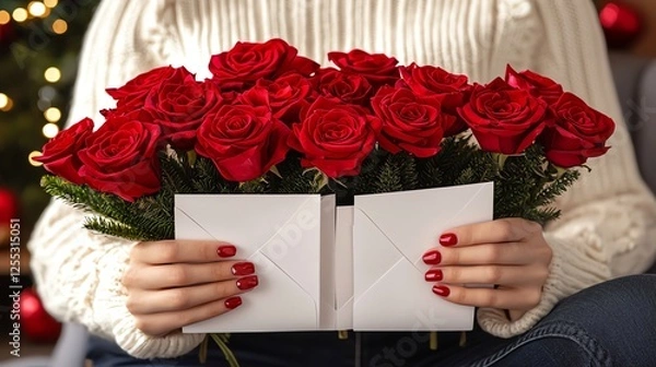 Fototapeta A person holds a bouquet of red roses and a card, set against a festive backdrop, evoking warmth and celebration.