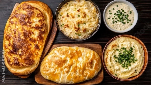 Fototapeta Golden Baked Bread Dish and Mashed Potato Bowls a Culinary Delight for Foodies and Enthusiasts