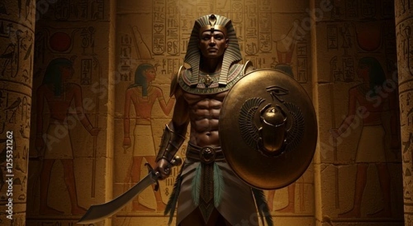 Fototapeta Egyptian pharaoh with shield and sword in ancient tomb
