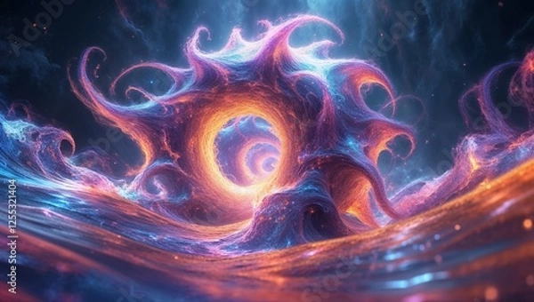 Fototapeta A vibrant cosmos of swirling blue and purple nebula surrounds a bright, orange-lit singularity in an artistic rendering. It alludes to a huge, uncharted universe.