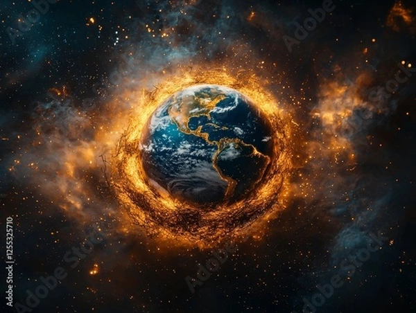 Fototapeta Earth Resting in Glowing Nest of Stars Symbolizing Cradle of Life in Vastness of Universe