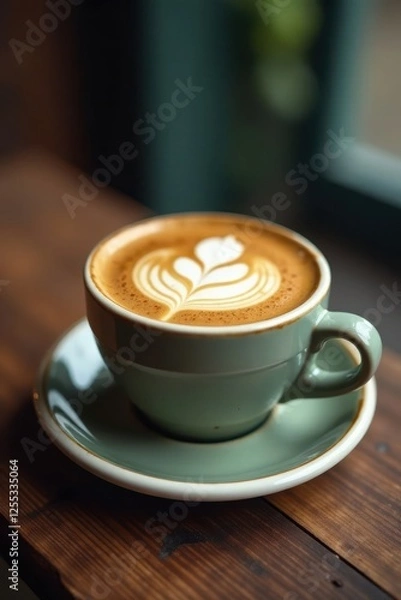 Fototapeta Close-up, coffee cup with latte art, rustic wood , foam, closeup