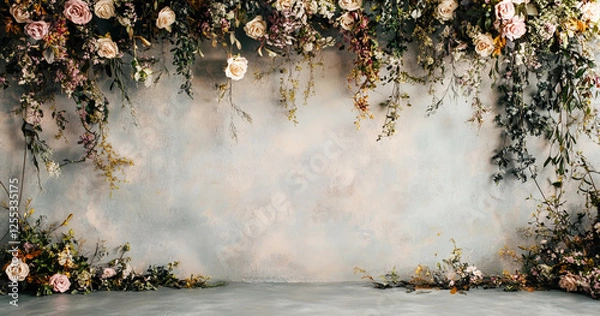 Fototapeta A wall adorned with hanging flowers and vines in neutral tones, offering a whimsical and charming backdrop. Ideal for studio settings, this design adds a touch of elegance and nature to any space.
