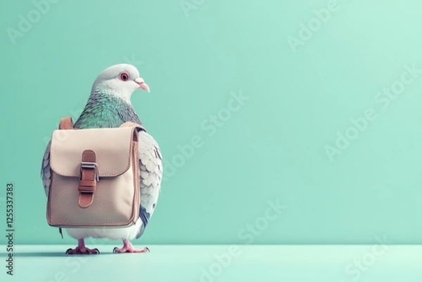 Obraz Pigeon delivers letters with a tiny messenger bag in a bright and cheerful setting