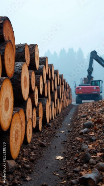 Fototapeta Stacks of raw timber with a forestry machine in the background