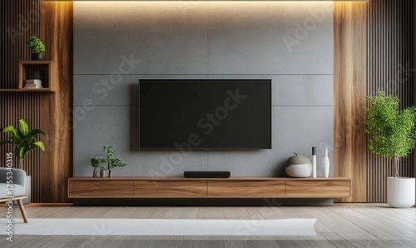 Fototapeta A modern wooden wall with a TV and shelf in a minimalistic interior design, gray walls with a wood grain pattern, and a parquet floor