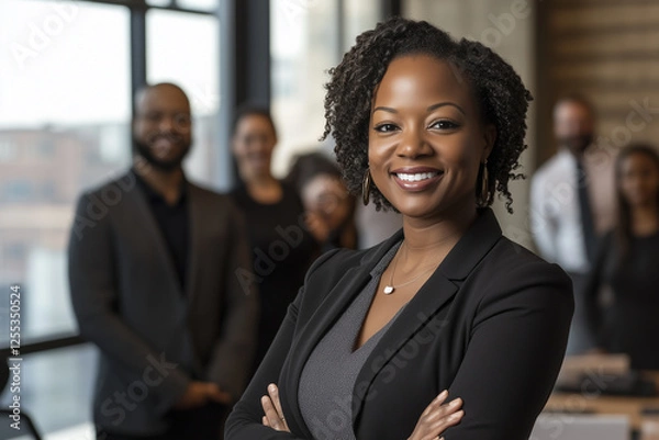 Fototapeta Portrait of successful business black woman wearing black attire standing in front of team, smiling at camera. Office employee posing with coworkers in background. 