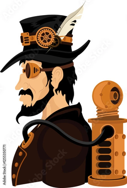 Fototapeta A steampunk-style man with a beard and a hat.