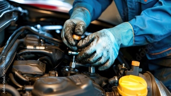 Fototapeta Detailed shot of auto mechanic hands repairing a vehicle engine