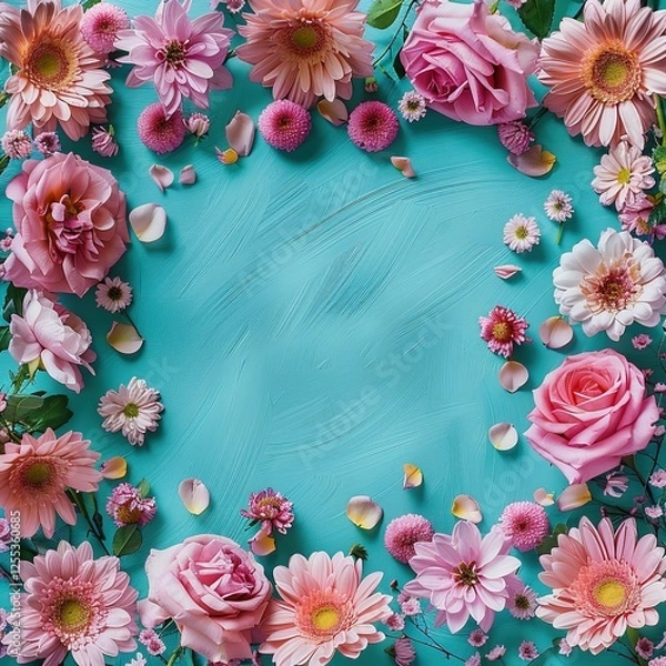 Fototapeta Spring or summer floral background featuring pink roses and chrysanthemums on a turquoise paper, arranged in a flat lay top view with a pattern frame. Perfect for spring concepts, Women's Day themes, 