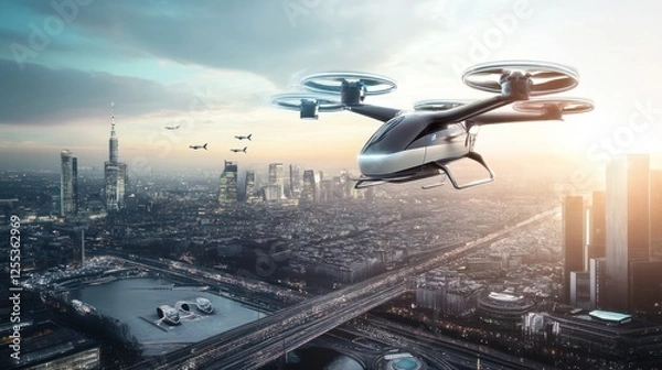 Fototapeta Futuristic aerial vehicle over a city skyline, envisioning the future of urban transportation
