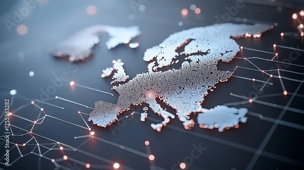 Fototapeta Futuristic 3D map of Europe interconnected by digital networks, representing technology and global communication.