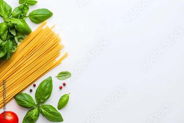 Fototapeta Top view raw spaghetti isolated on white background
