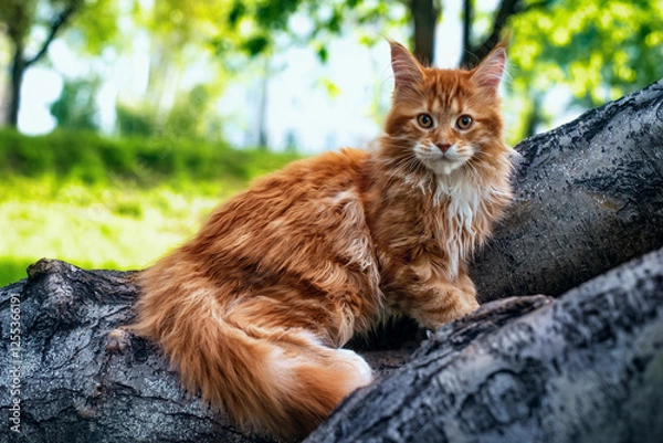 Fototapeta A big red maine coon kitten sitting on a tree in a forest in summer.