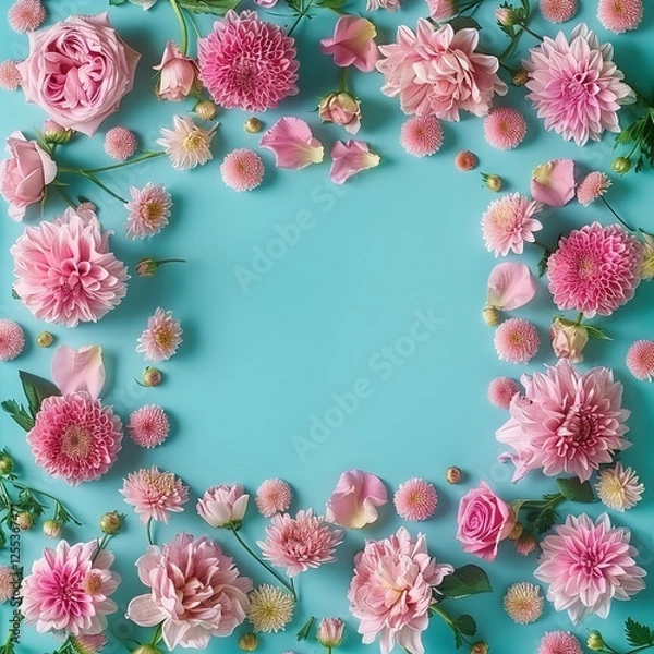 Fototapeta Spring or summer floral background featuring pink roses and chrysanthemums on a turquoise paper, arranged in a flat lay top view with a pattern frame. Perfect for spring concepts, Women's Day themes, 
