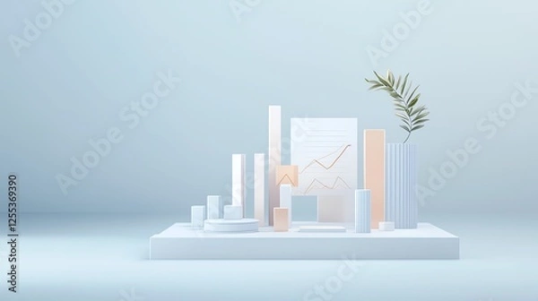 Fototapeta Minimalist 3D charts and graphs on a podium, representing data analysis and business growth.