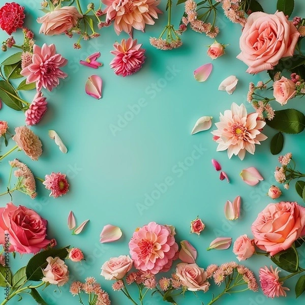 Fototapeta Spring or summer floral background featuring pink roses and chrysanthemums on a turquoise paper, arranged in a flat lay top view with a pattern frame. Perfect for spring concepts, Women's Day themes, 