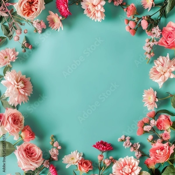 Fototapeta Spring or summer floral background featuring pink roses and chrysanthemums on a turquoise paper, arranged in a flat lay top view with a pattern frame. Perfect for spring concepts, Women's Day themes, 