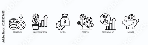 Fototapeta Coin Stack Icon Set Isolated Vector With Icon Of Capital, Prosper, Percentage Up, Savings, Percentage Up, Savings In Outline Style