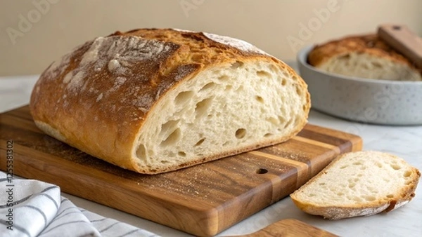 Fototapeta Artisanal Sourdough Loaf: A perfectly baked sourdough loaf with a rustic, airy crumb, sliced and presented on a wooden cutting board, evokes a sense of warmth and homemade goodness.  