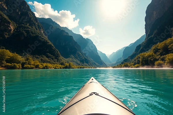 Fototapeta First-Person Kayaking on a River in a Mountain Gorge, Green Nature, and Sunny Day for Tourism Themes