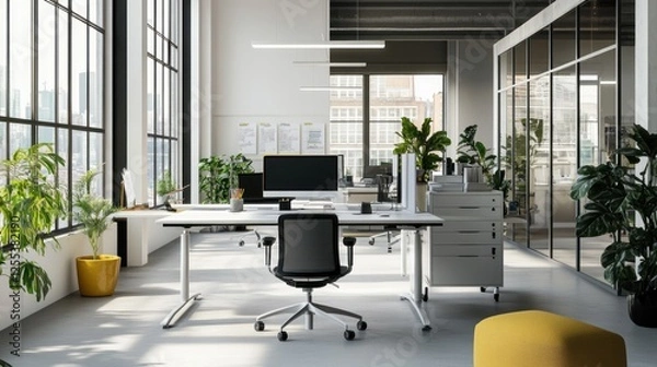 Fototapeta Bright and modern office space with city view and plants for productivity