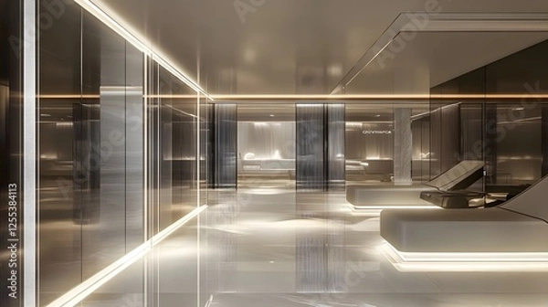Obraz A sleek, futuristic hotel interior with glass walls, recessed lighting, and a glowing white frame.