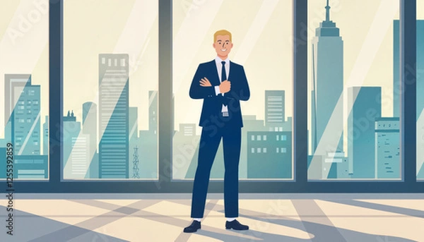 Fototapeta Confident businessman smiling in modern office with city view, success