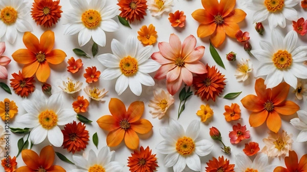 Fototapeta Small Flower Pattern on White Background - Vibrant Orange, Red, and Pink Floral Design for Spring