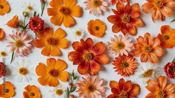 Fototapeta Pretty Floral Pattern with Small Orange, Red, and Pink Flowers - Ditsy Print on White Background