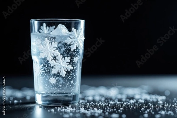 Obraz Frosty glass with intricate ice crystals and subtle snowflakes against a black background, grayscale, alpha