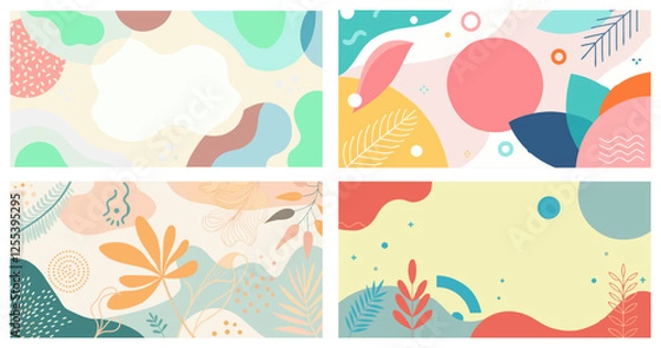 Fototapeta Six vibrant and playful abstract backgrounds featuring organic shapes, geometric patterns, and ample copy space, perfect for modern and creative designs
