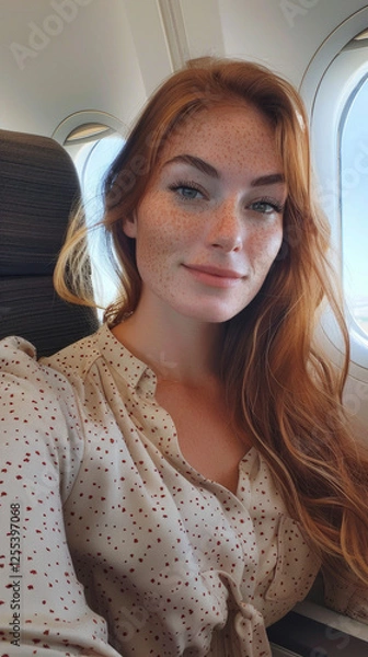 Fototapeta A girl takes a selfie on a plane before departure