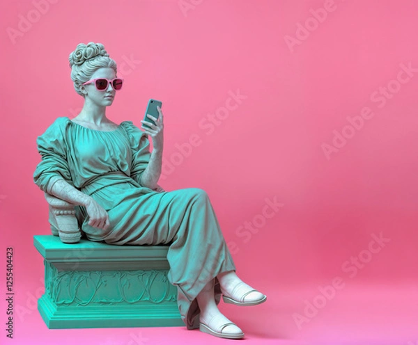 Obraz Ancient female statue wearing sunglasses, using a cell phone. Social media retrofuturism background	
