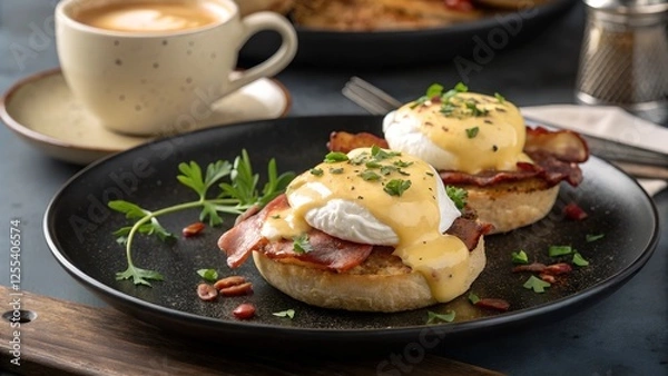 Obraz A Luxurious Breakfast: A plate of perfectly poached eggs benedict with crispy bacon, drizzled with creamy hollandaise sauce, and garnished with fresh herbs.