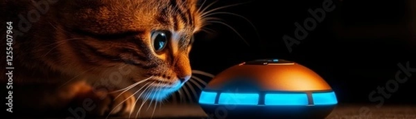 Fototapeta A curious cat observes a glowing, futuristic device in a dark setting, highlighting an intriguing interaction between pets and technology.