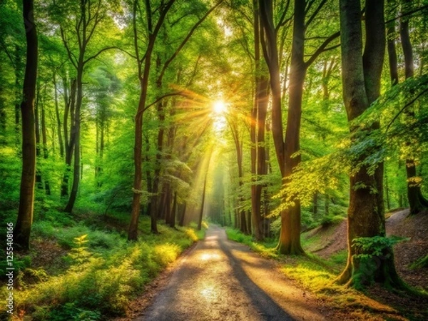 Fototapeta Sunlit pathways wind through lush, autumnal woods, a magical, high-depth-of-field hike.