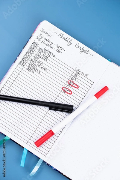 Obraz Open daily planner notebook on desk, with neatly handwritten organized Monthly Budget tracking. With dates, categories and expenses. Personal finance management, spending and budgeting habits concept.
