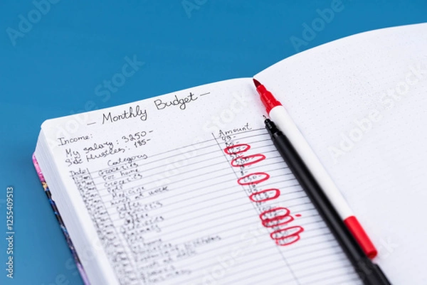 Fototapeta Open daily planner notebook on desk, with neatly handwritten organized Monthly Budget tracking. With dates, categories and expenses. Personal finance management, spending and budgeting habits concept.