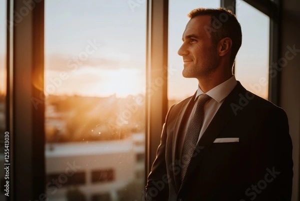 Fototapeta A man in a suit and tie is standing in front of a window
