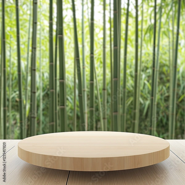 Obraz Empty round wooden table against bamboo forest background in 3d style for product presentation and advertising