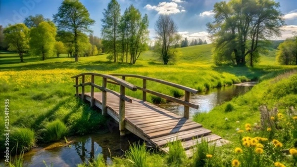 Obraz Wooden Footbridge Over Stream in Spring Meadow