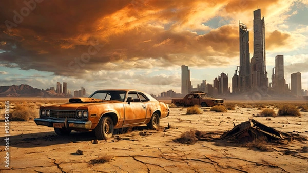 Fototapeta A post-apocalyptic desert landscape with abandoned