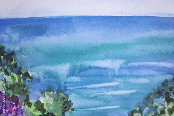Fototapeta Turquoise aqua blue waves with skyline. Morning haze marine landscape with greenery. Watercolor brush strokes smudges stains structure on paper.