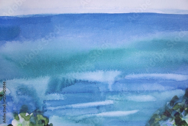 Fototapeta Aqua blue marine landscape with skyline. Watercolor waves brush strokes smudges stains structure on paper.